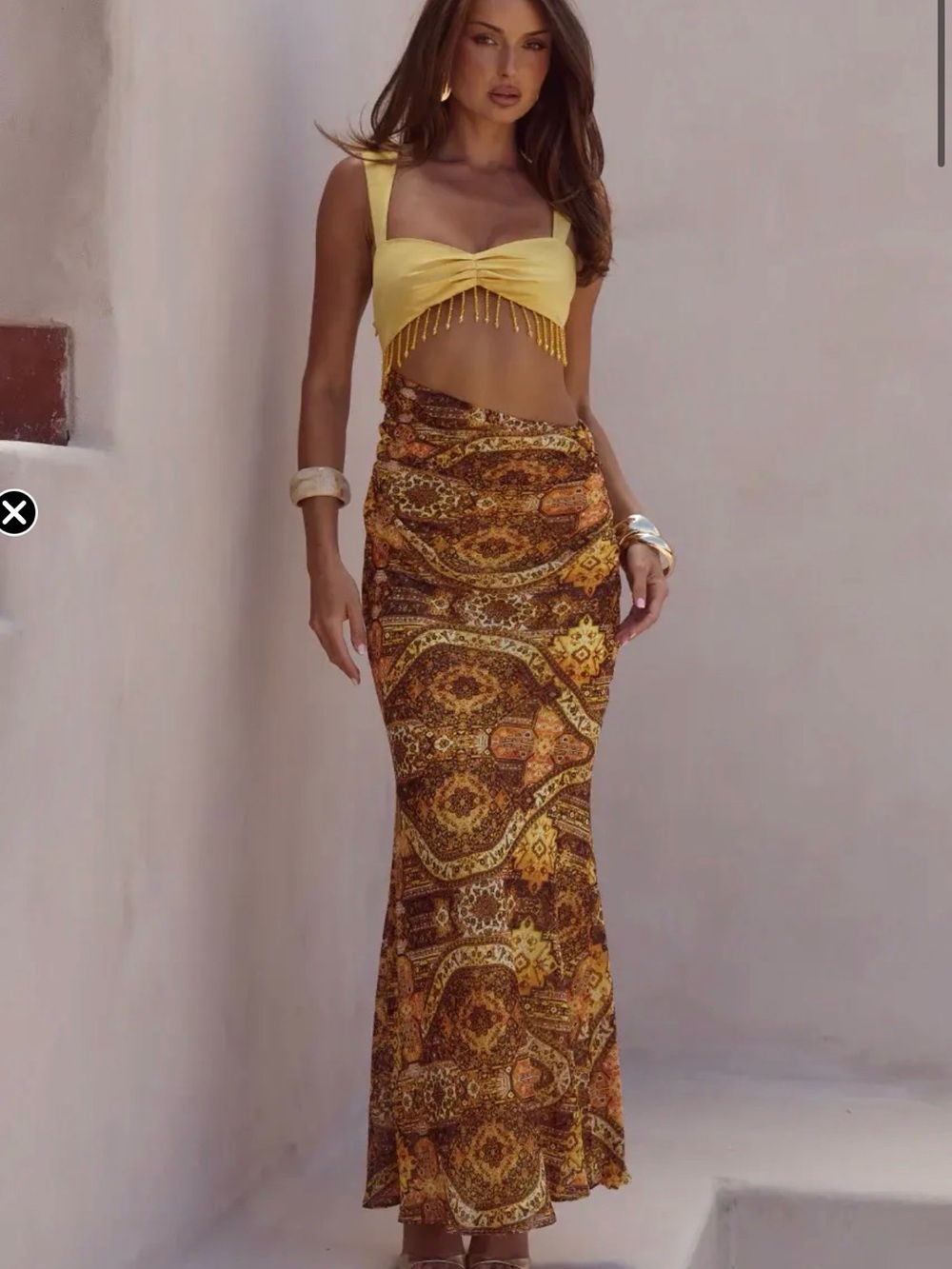Yellow Beaded Fringe Crop Top with Brown Patterned Maxi Skirt Set
